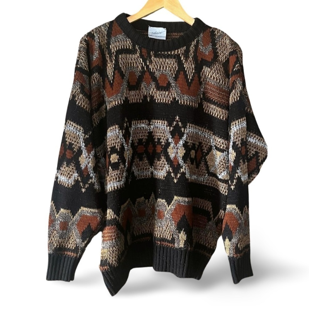 Bellissimo vintage wool blend Geometric  Sweater - Black and Brown Unisex